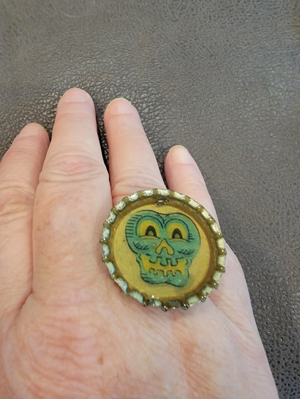 Handmade Teal Blue, Black And Yellow Skull Vintage Soda Pop Bottle Cap Ring